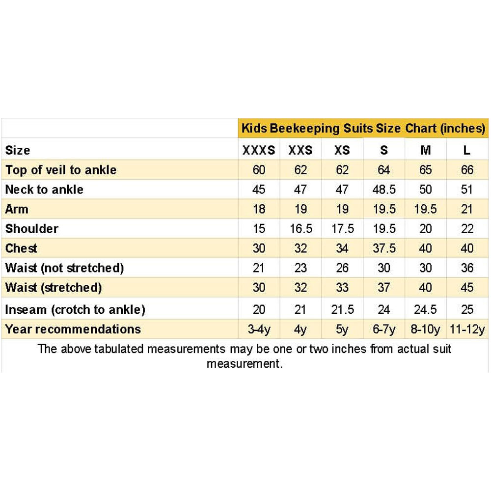 Kids Beekeeping Suite Size Chart