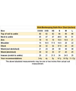 Kids Beekeeping Suite Size Chart